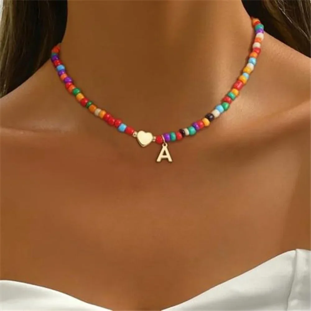 Initial Beaded Necklace Heart Letter Choker Colorful Girls Teen Jewelry Gift
